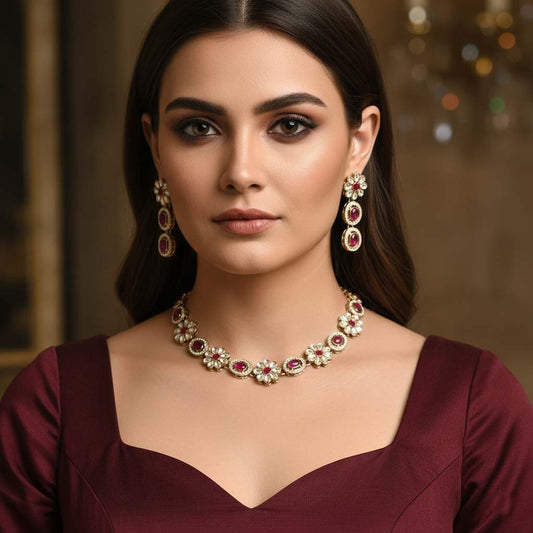 Traditional Maroon Color Kundan Necklace Set Created For Sophisticated Ethnic Fashion Lovers
