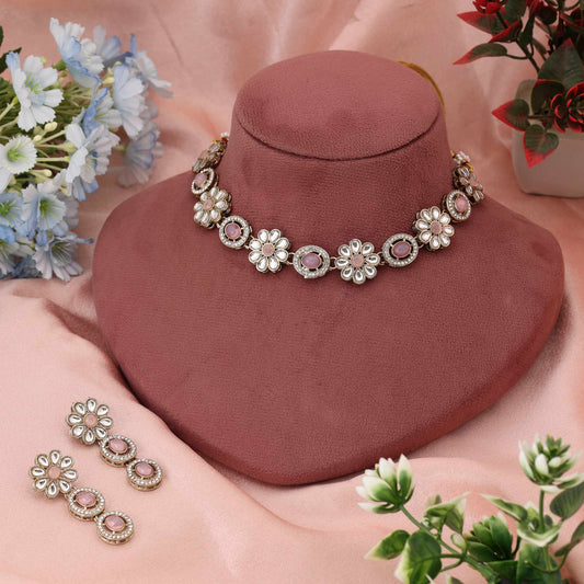 Lovely Peach Color Kundan Necklace Set Crafted To Complement Soft And Elegant Attire