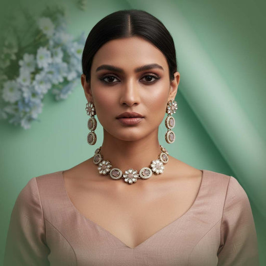 Lovely Peach Color Kundan Necklace Set Crafted To Complement Soft And Elegant Attire