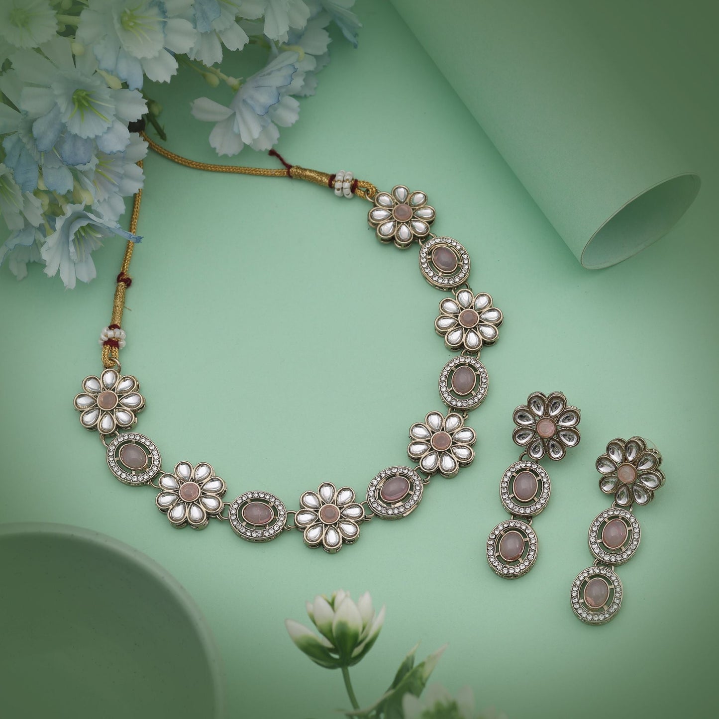 Lovely Peach Color Kundan Necklace Set Crafted To Complement Soft And Elegant Attire