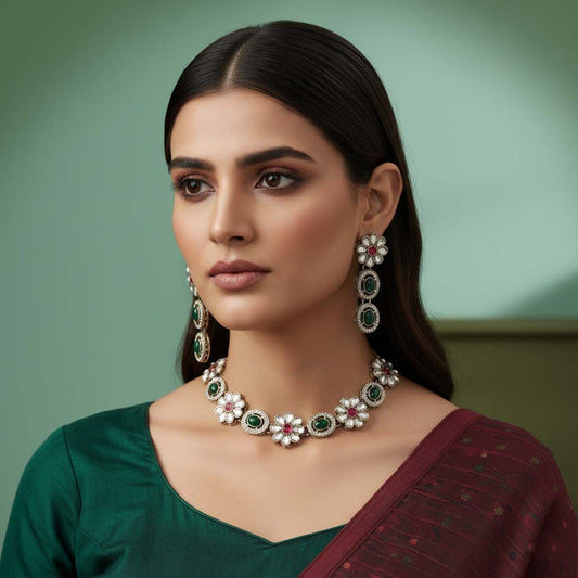 Regal Rama Green Color Kundan Necklace Set Designed To Elevate Your Ethnic Collection