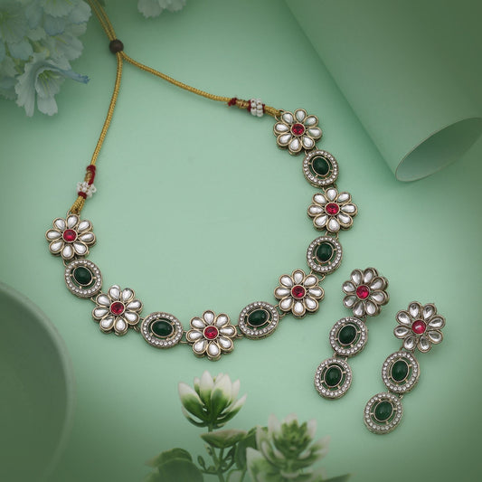 Dual Rani And Green Color Kundan Necklace Set Blending Rich Hues For Royal Appeal