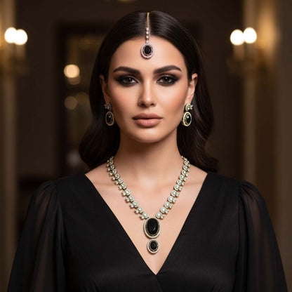 Premium Black Color Kundan Necklace Set Perfect For Bold And Contemporary Ethnic Fashion