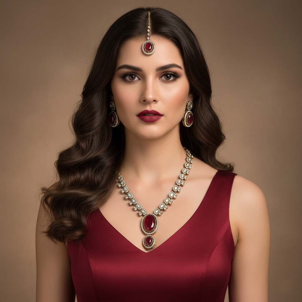 Leuchtend rotes Kundan-Halsketten-Set, gefertigt für klassische Braut- und festliche Traditionen