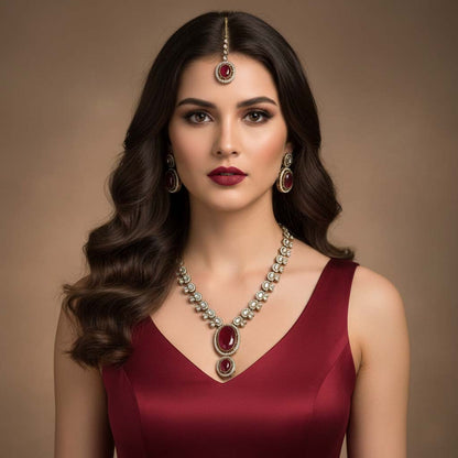 Leuchtend rotes Kundan-Halsketten-Set, gefertigt für klassische Braut- und festliche Traditionen