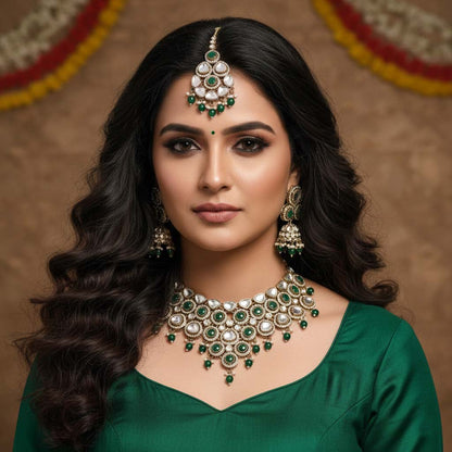 Gorgeous Green Color Kundan Necklace Set Crafted For Timeless Festive And Ceremonial Style