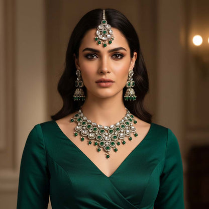 Gorgeous Green Color Kundan Necklace Set Crafted For Timeless Festive And Ceremonial Style