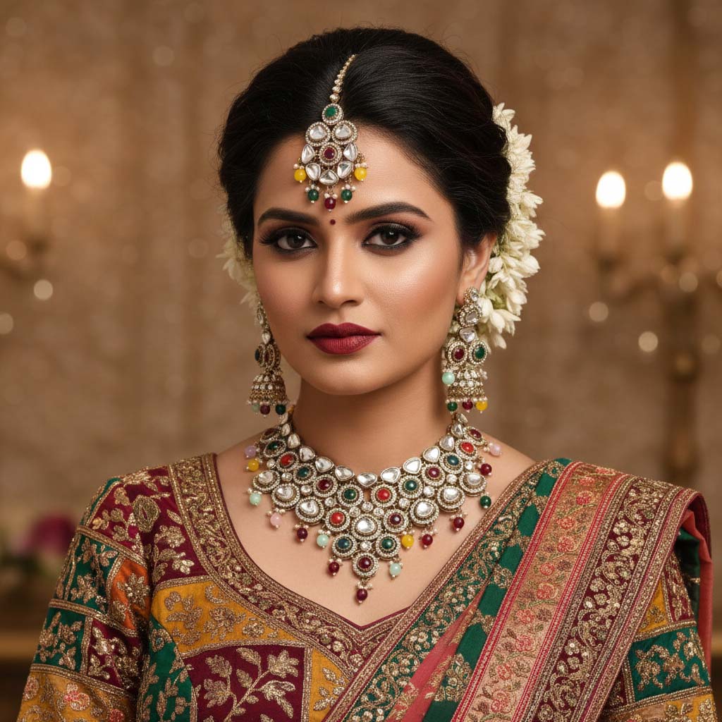Festliches mehrfarbiges Kundan-Halsketten-Set mit lebhaften Steinen für fröhliche Feiern