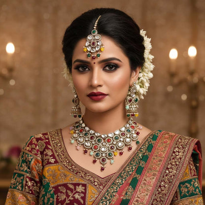 Festliches mehrfarbiges Kundan-Halsketten-Set mit lebhaften Steinen für fröhliche Feiern