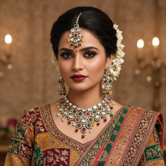 Festliches mehrfarbiges Kundan-Halsketten-Set mit lebhaften Steinen für fröhliche Feiern