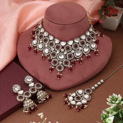 Royal Maroon Color Kundan Necklace Set Designed For Luxurious Traditional Statement Wear