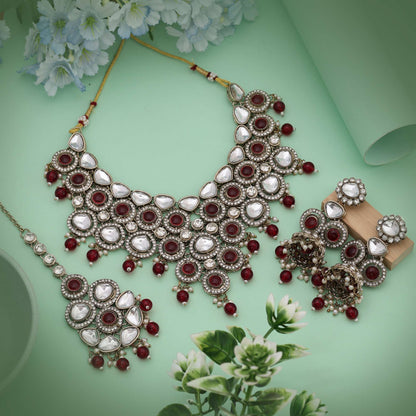 Royal Maroon Color Kundan Necklace Set Designed For Luxurious Traditional Statement Wear