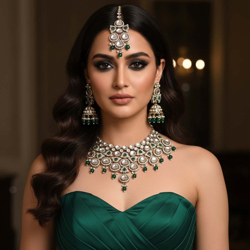 Charming Green Color Kundan Necklace Set Highlighting Rich Tones For Ethnic Sophistication