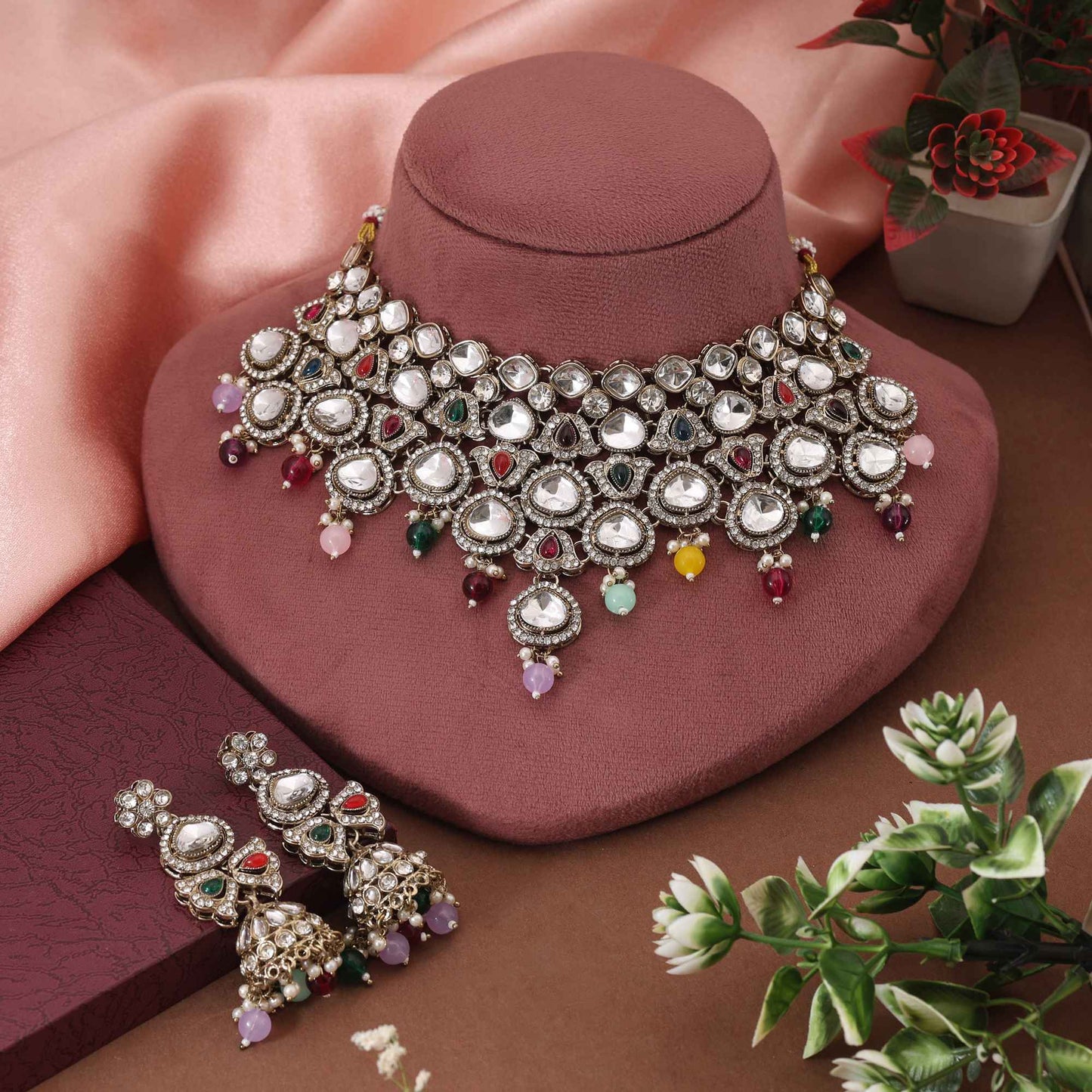 Colorful Multi Color Kundan Necklace Set Designed To Brighten Every Traditional Ensemble