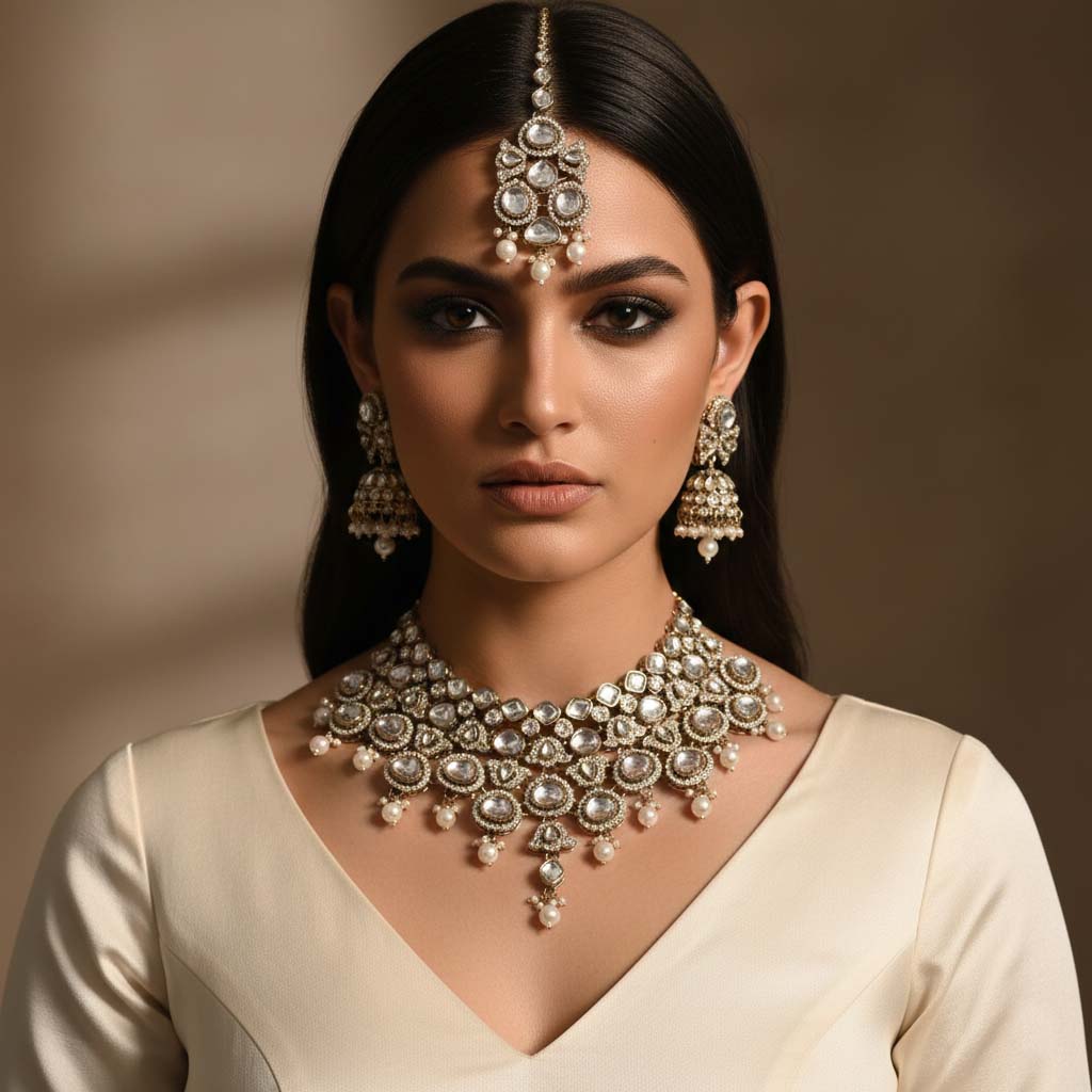 Pure White Color Kundan Necklace Set Ideal For Sophisticated Wedding And Festive Styling