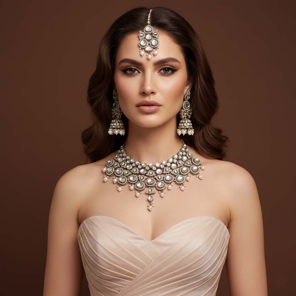 Reines weißes Kundan-Halsketten-Set, ideal für elegante Hochzeits- und festliche Stylings