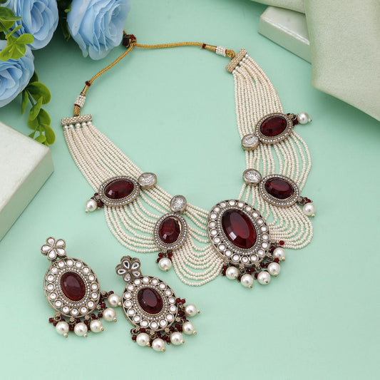 Maroon Color Kundan Necklace Set Crafted For Rich Traditional Wedding Wear