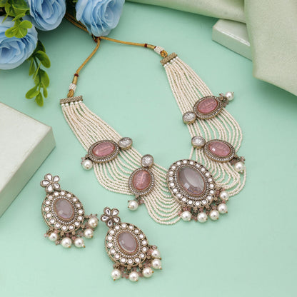 Pinkfarbenes Kundan-Halsketten-Set, entworfen für elegante Hochzeitsfeiern