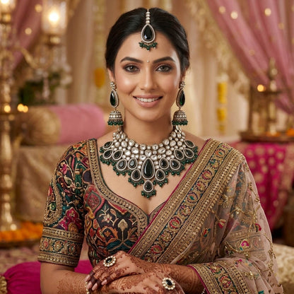 Grüne Kundan-Halskette mit traditionellen Details und festlichem Charme