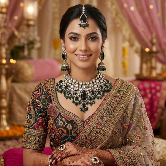 Grüne Kundan-Halskette mit traditionellen Details und festlichem Charme