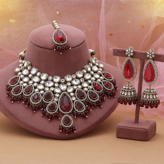 Maroon Color Kundan Necklace Set Designed For Royal Ethnic Celebrations