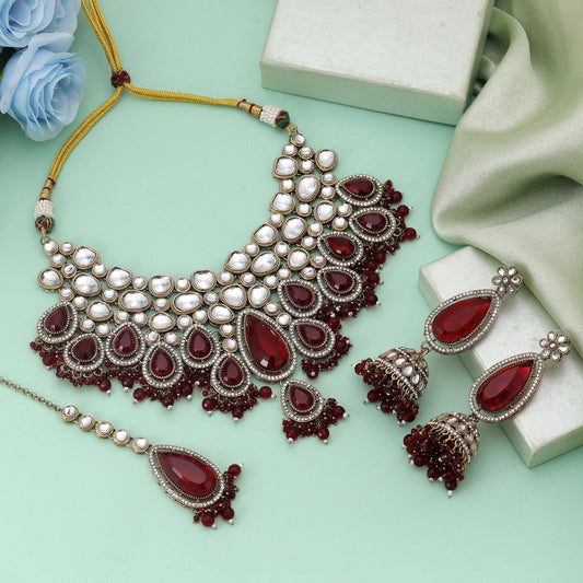 Maroon Color Kundan Necklace Set Designed For Royal Ethnic Celebrations