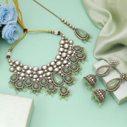 Pista Green Color Kundan Necklace Set Styled For Subtle Festive Elegance