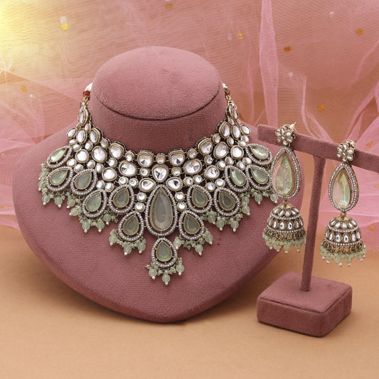 Pista Green Color Kundan Necklace Set Styled For Subtle Festive Elegance