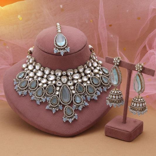 Sky Blue Color Kundan Necklace Set With Soft Elegant Traditional Appeal