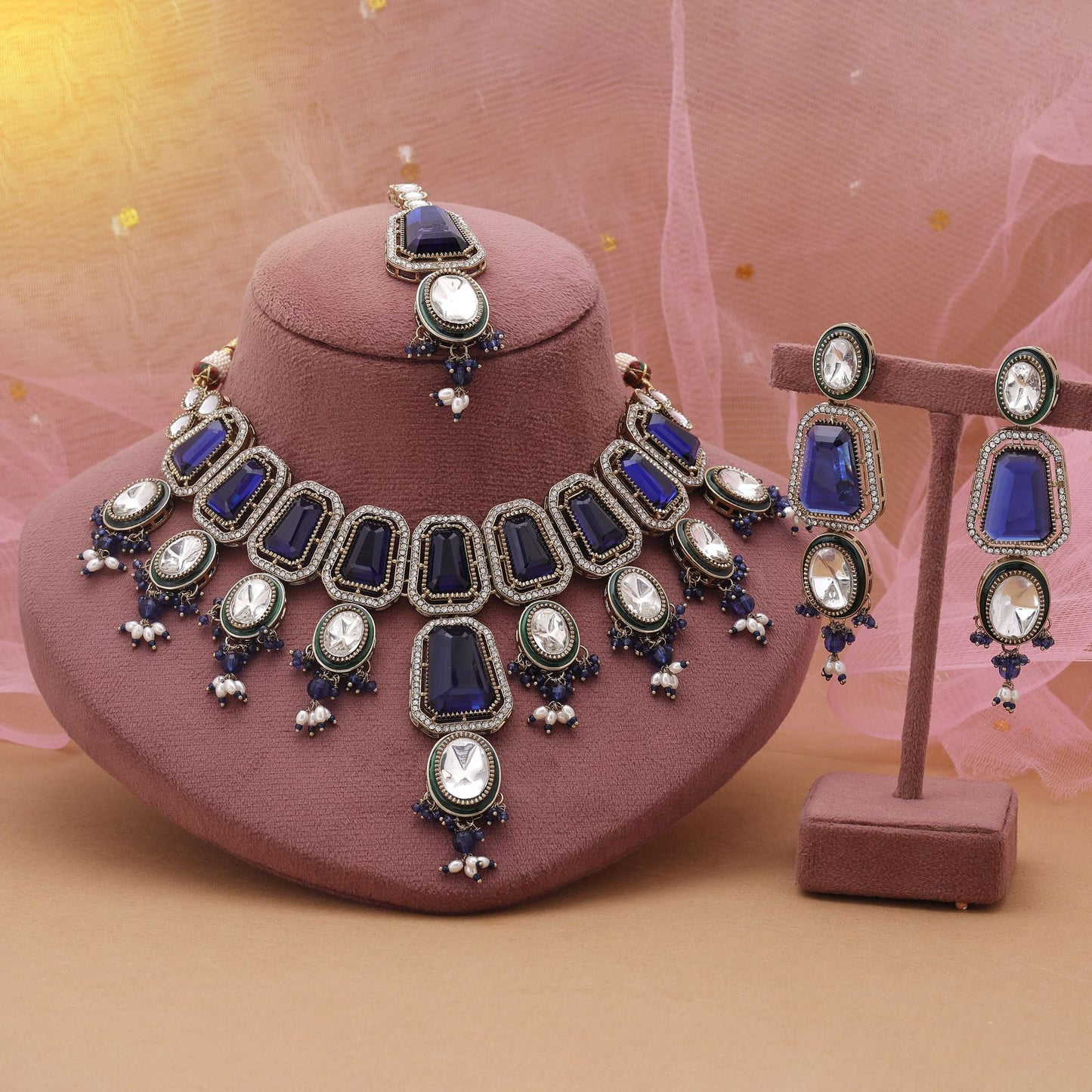 Blue Color Kundan Necklace Set Designed For Elegant Traditional Styling