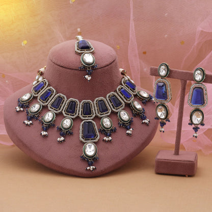 Blue Color Kundan Necklace Set Designed For Elegant Traditional Styling