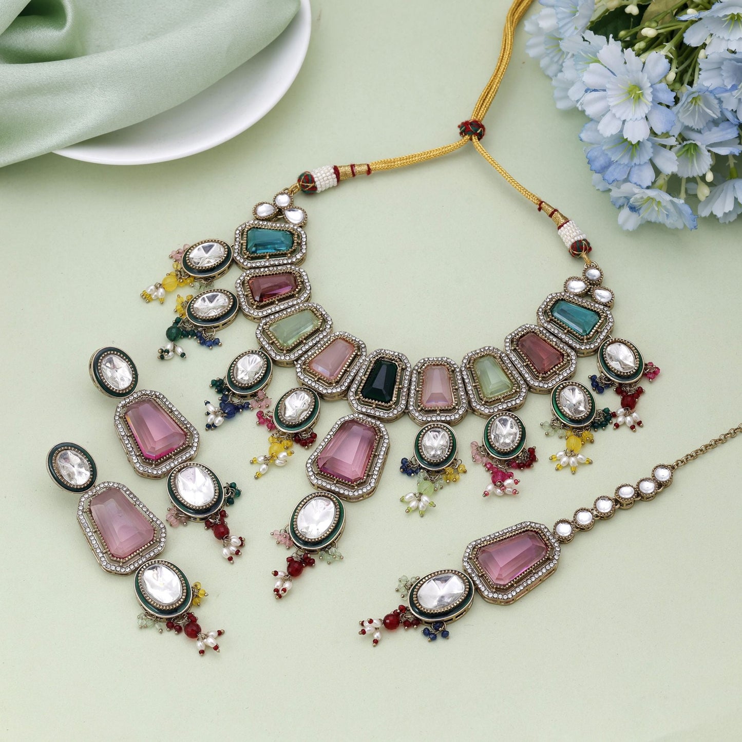 Multi Color Kundan Necklace Set Inspired By Vibrant Indian Jewellery Art
