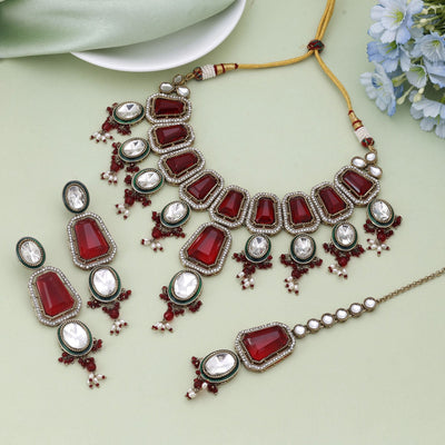 Maroon Color Kundan Necklace Set With Classic Indian Festive Design