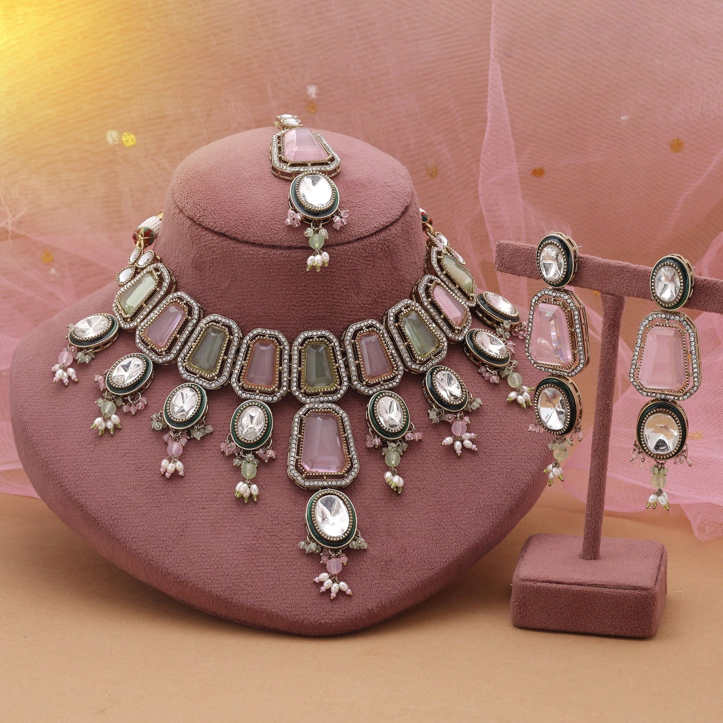 Pink & Pistaziengrün Kundan Halskette Set mit Dual-Tone Festlicher Eleganz