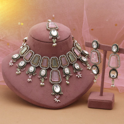 Pink & Pistaziengrün Kundan Halskette Set mit Dual-Tone Festlicher Eleganz