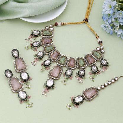 Pink & Pistaziengrün Kundan Halskette Set mit Dual-Tone Festlicher Eleganz