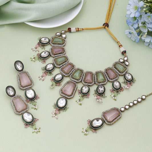 Pink & Pistaziengrün Kundan Halskette Set mit Dual-Tone Festlicher Eleganz