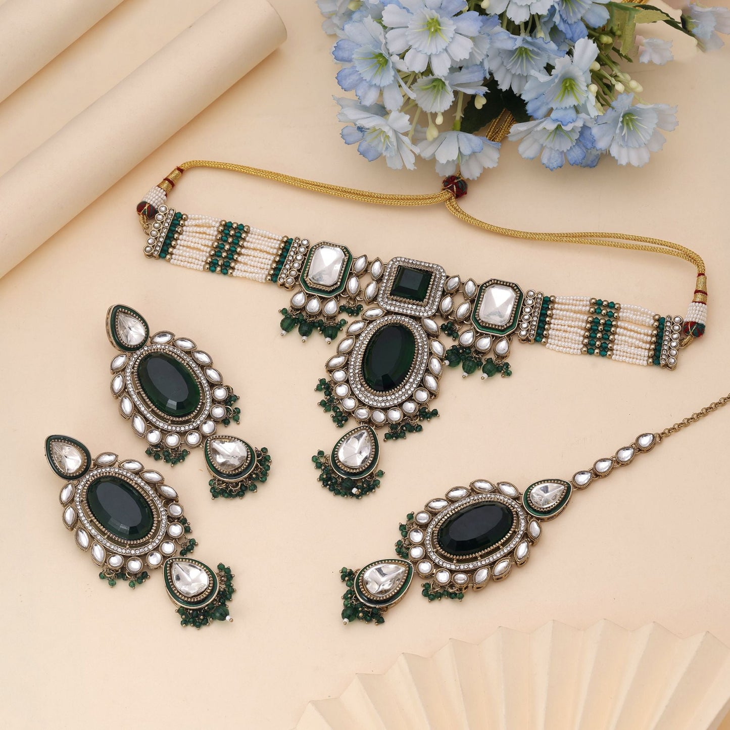 Green Color Choker Kundan Necklace Set With Royal Festive Statement Look