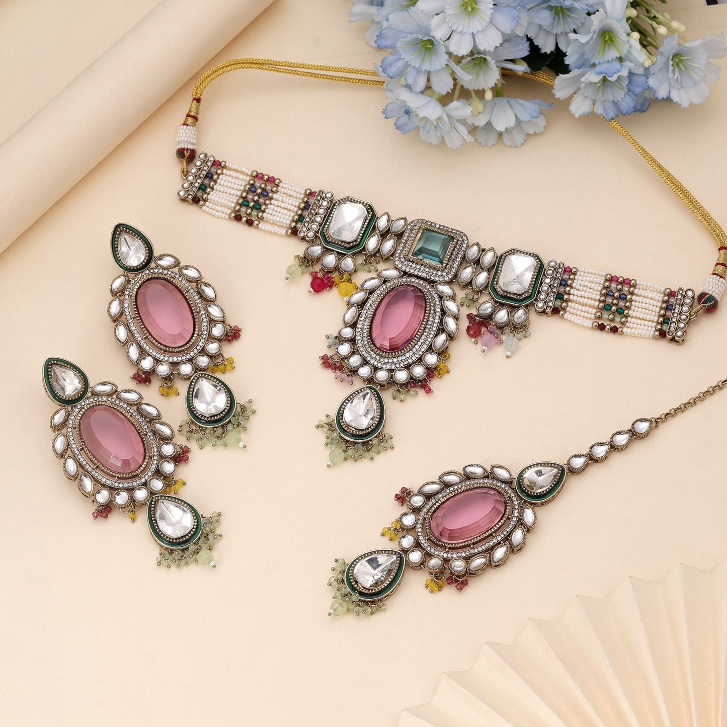 Multi Color Choker Kundan Necklace Set With Vibrant Wedding Appeal