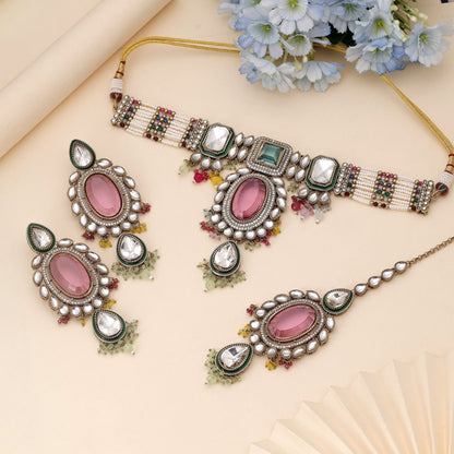 Multi Color Choker Kundan Necklace Set With Vibrant Wedding Appeal
