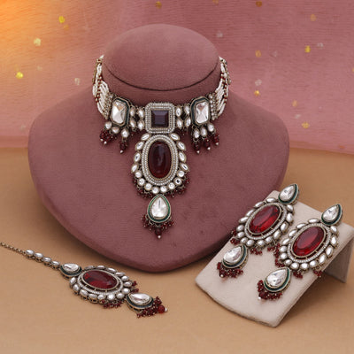 Maroon Color Choker Kundan Necklace Set Designed For Bridal Festive Wear