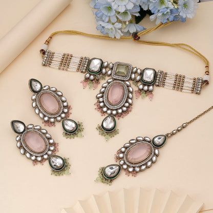 Pink & Pista Grün Choker Kundan Halskettenset mit festlichem Dual Tone