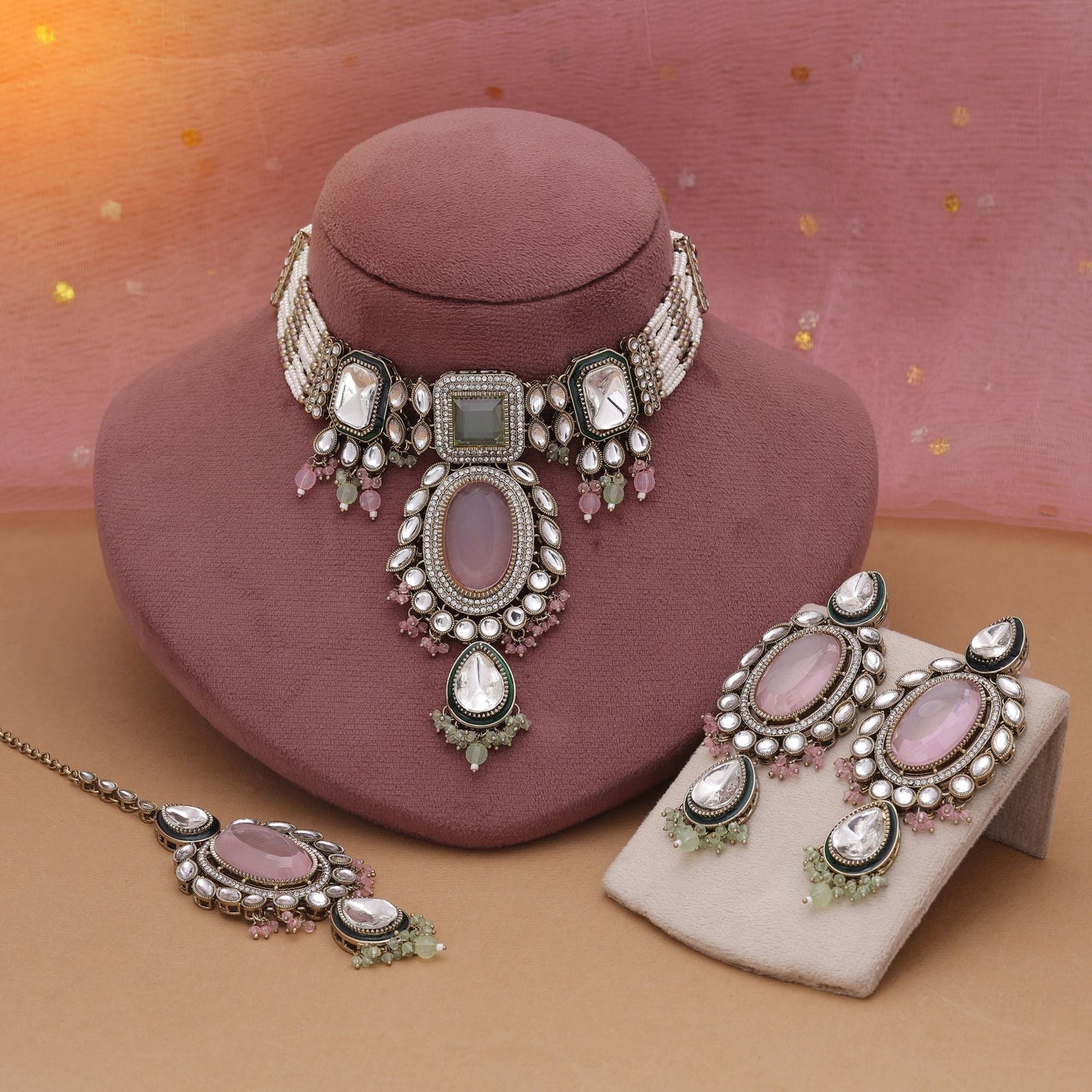 Pink & Pista Grün Choker Kundan Halskettenset mit festlichem Dual Tone