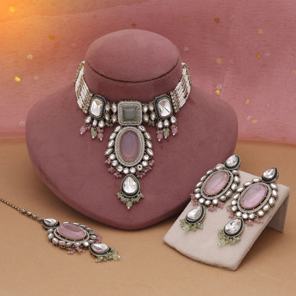 Pink & Pista Grün Choker Kundan Halskettenset mit festlichem Dual Tone