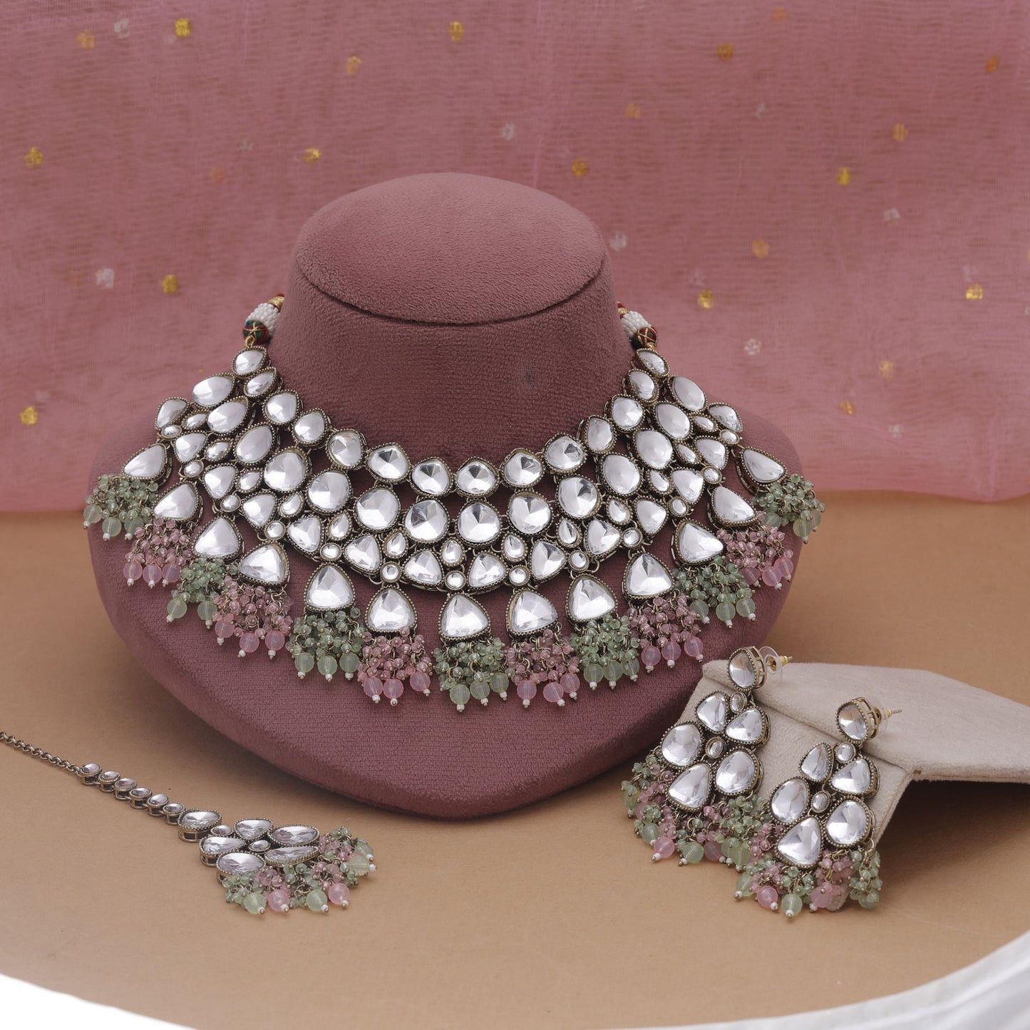 Pink & Pista Green Color Kundan Necklace Set With Contemporary Festive Charm