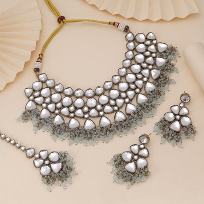 Sky Blue Color Kundan Necklace Set Inspired By Soft Royal Aesthetics