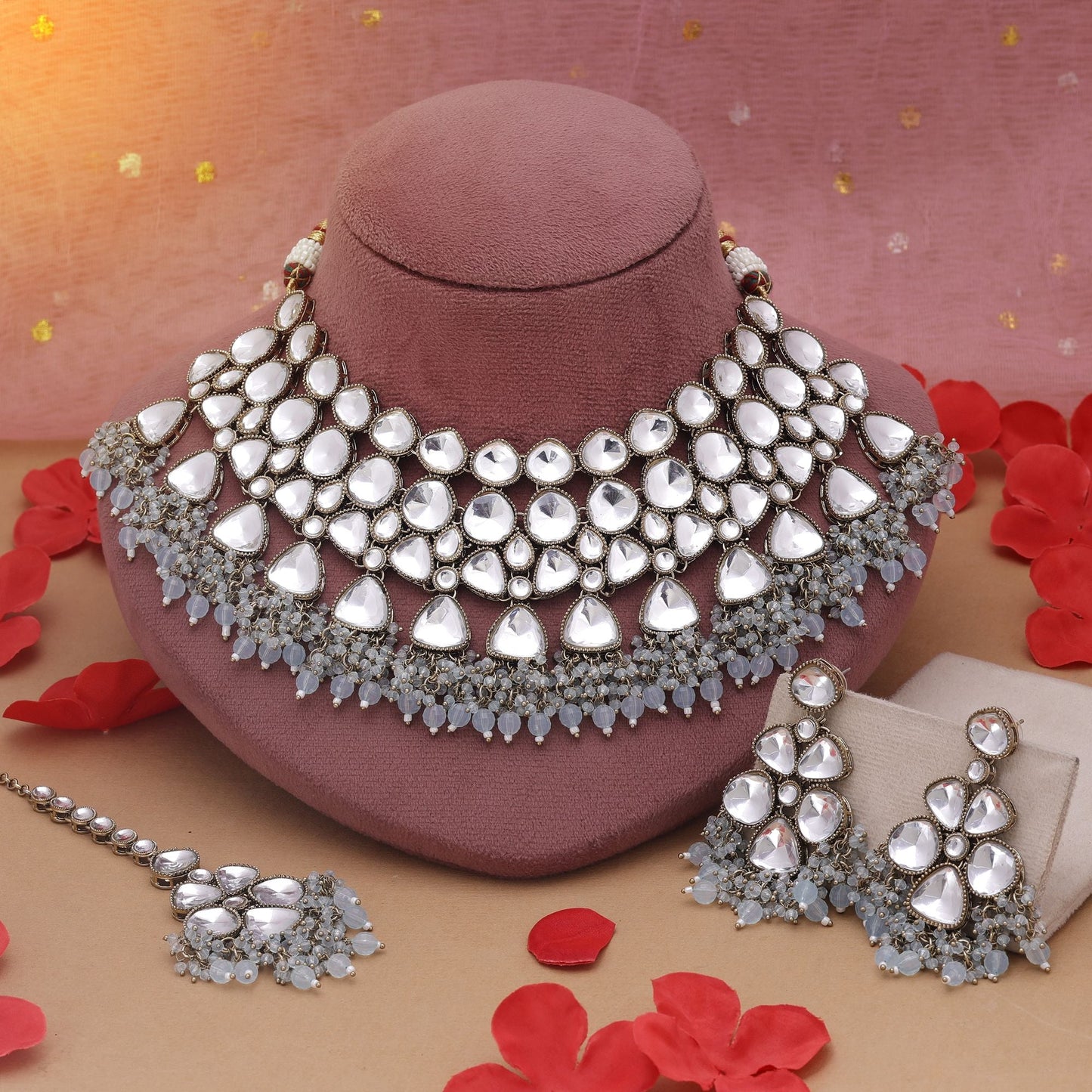 Sky Blue Color Kundan Necklace Set Inspired By Soft Royal Aesthetics