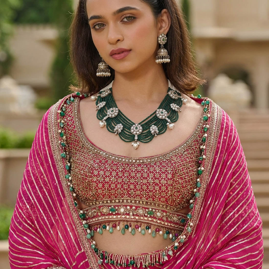 Grünes Kundan-Halsketten-Set, entworfen für traditionelle Hochzeitsfeiern