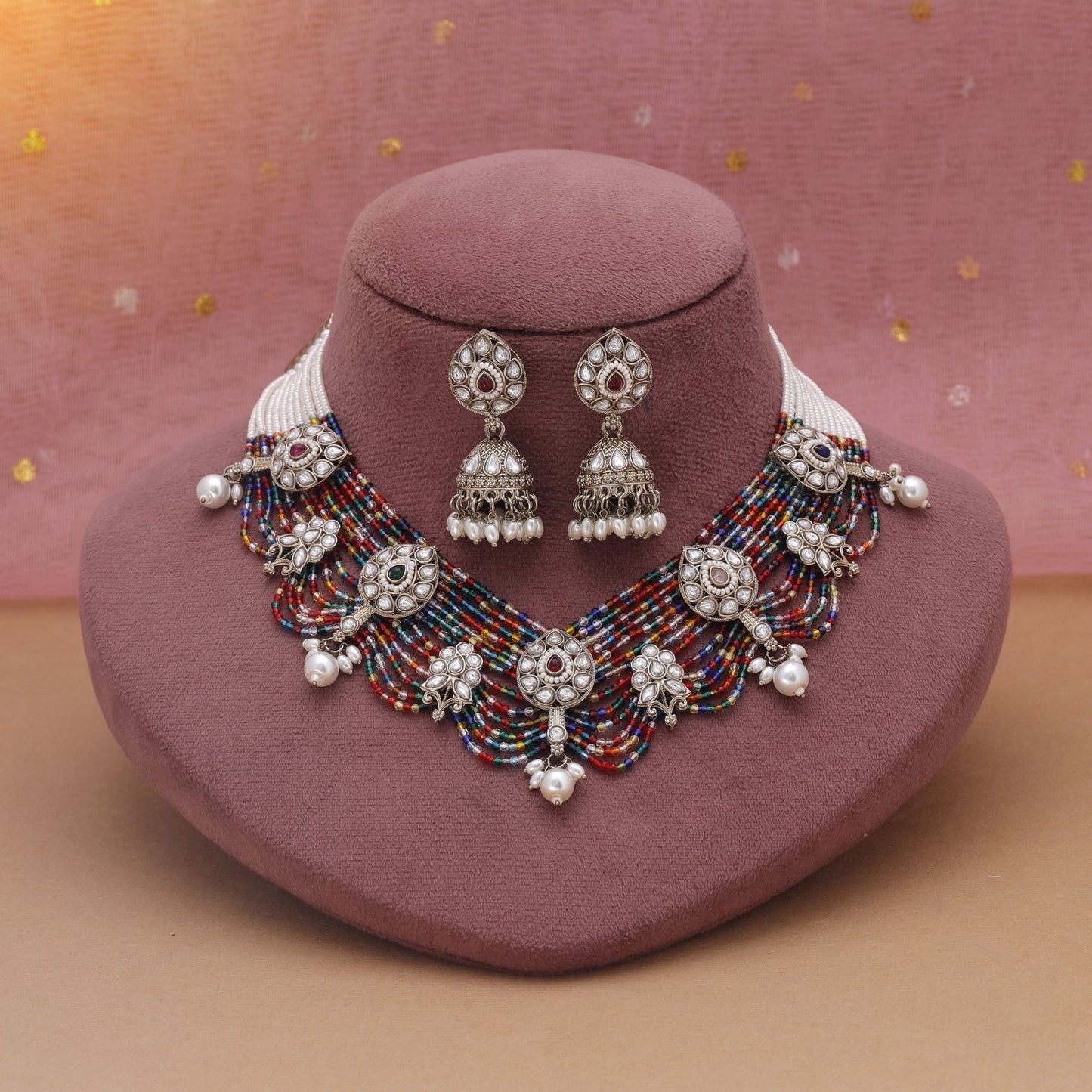 Multi Color Kundan Necklace Set With Statement Design For Weddings