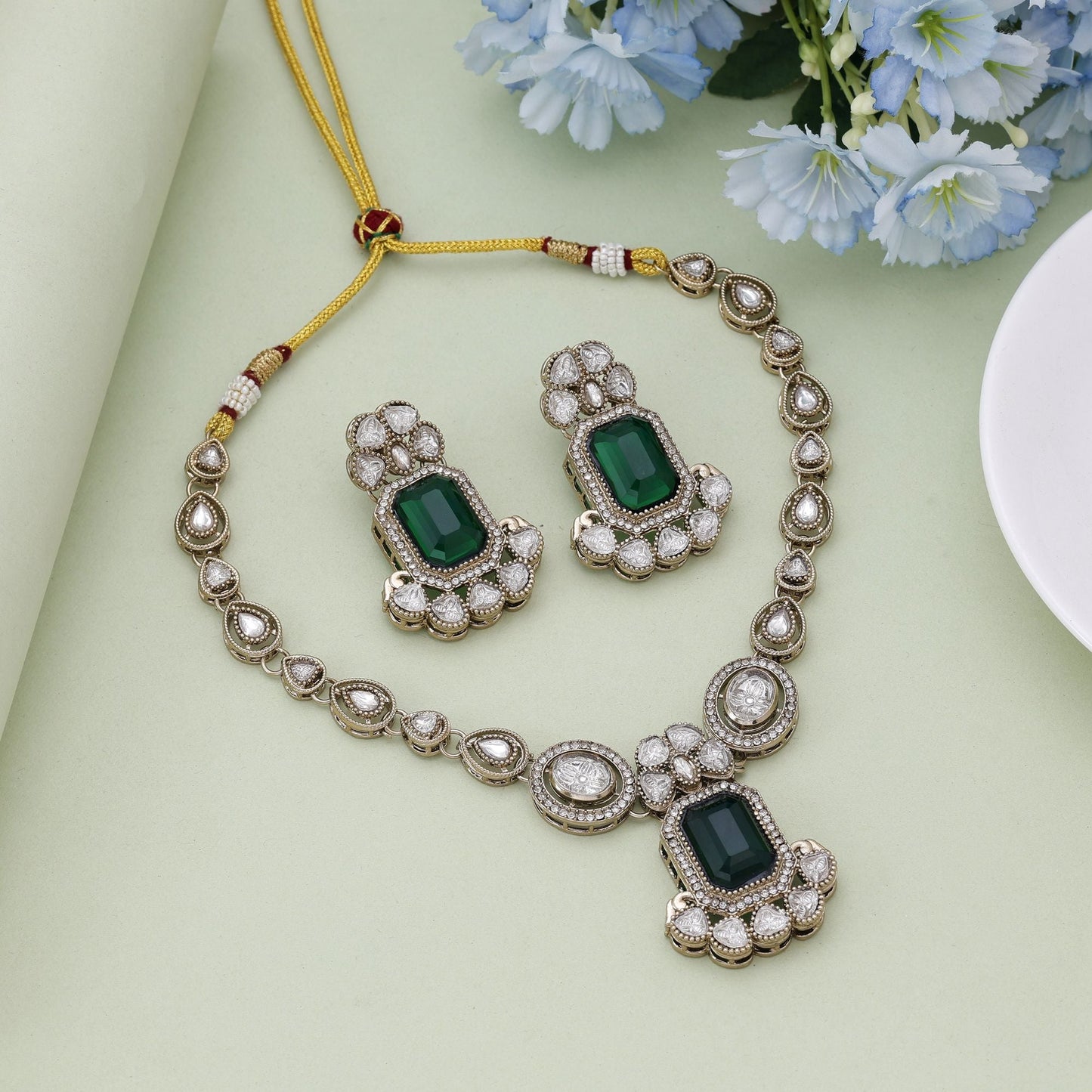 Green Color Kundan Necklace Set Inspired By Classic Indian Craftsmanship
